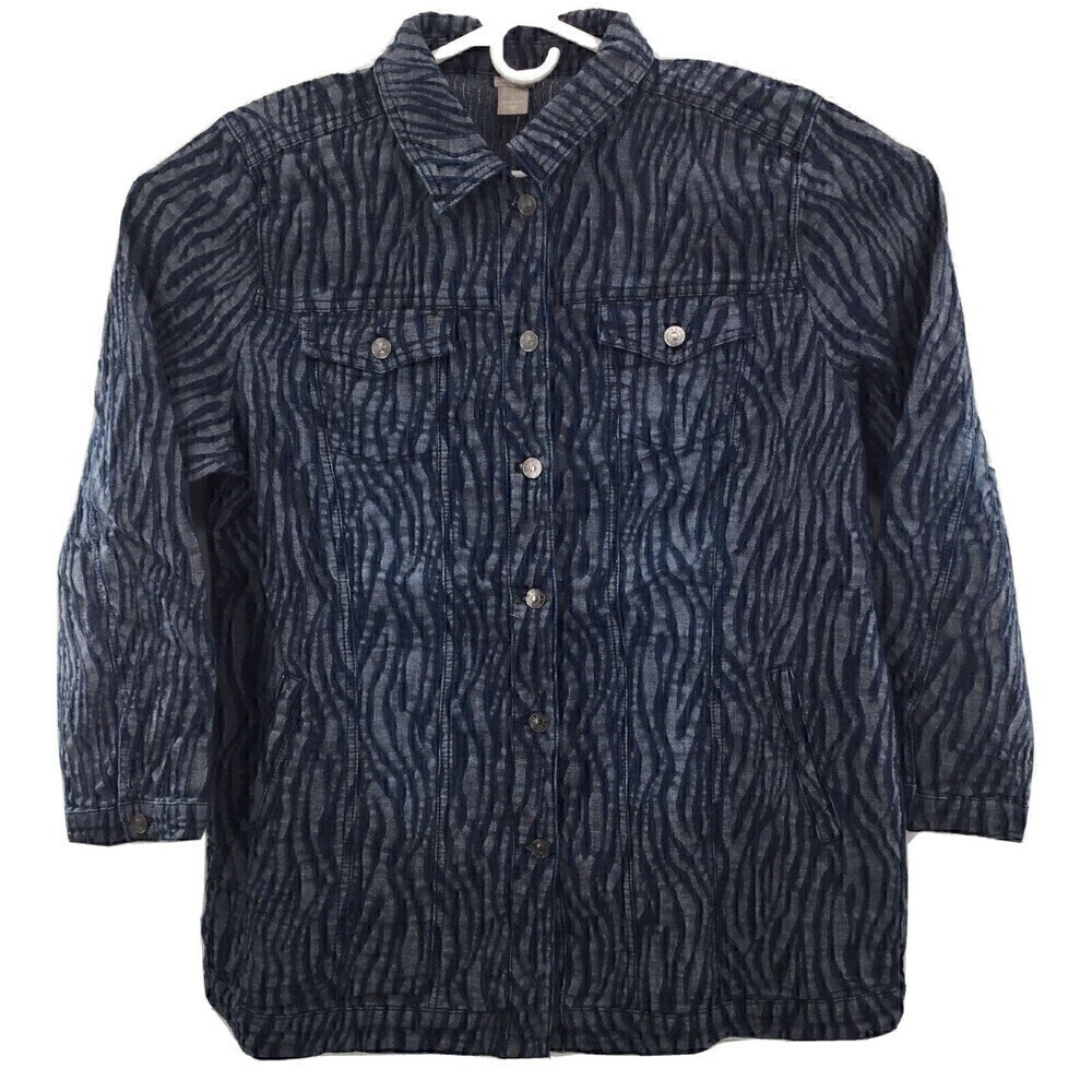 Chicos Indigo ZEBRA-PRINT ELONGATED DENIM JACKET Size 4